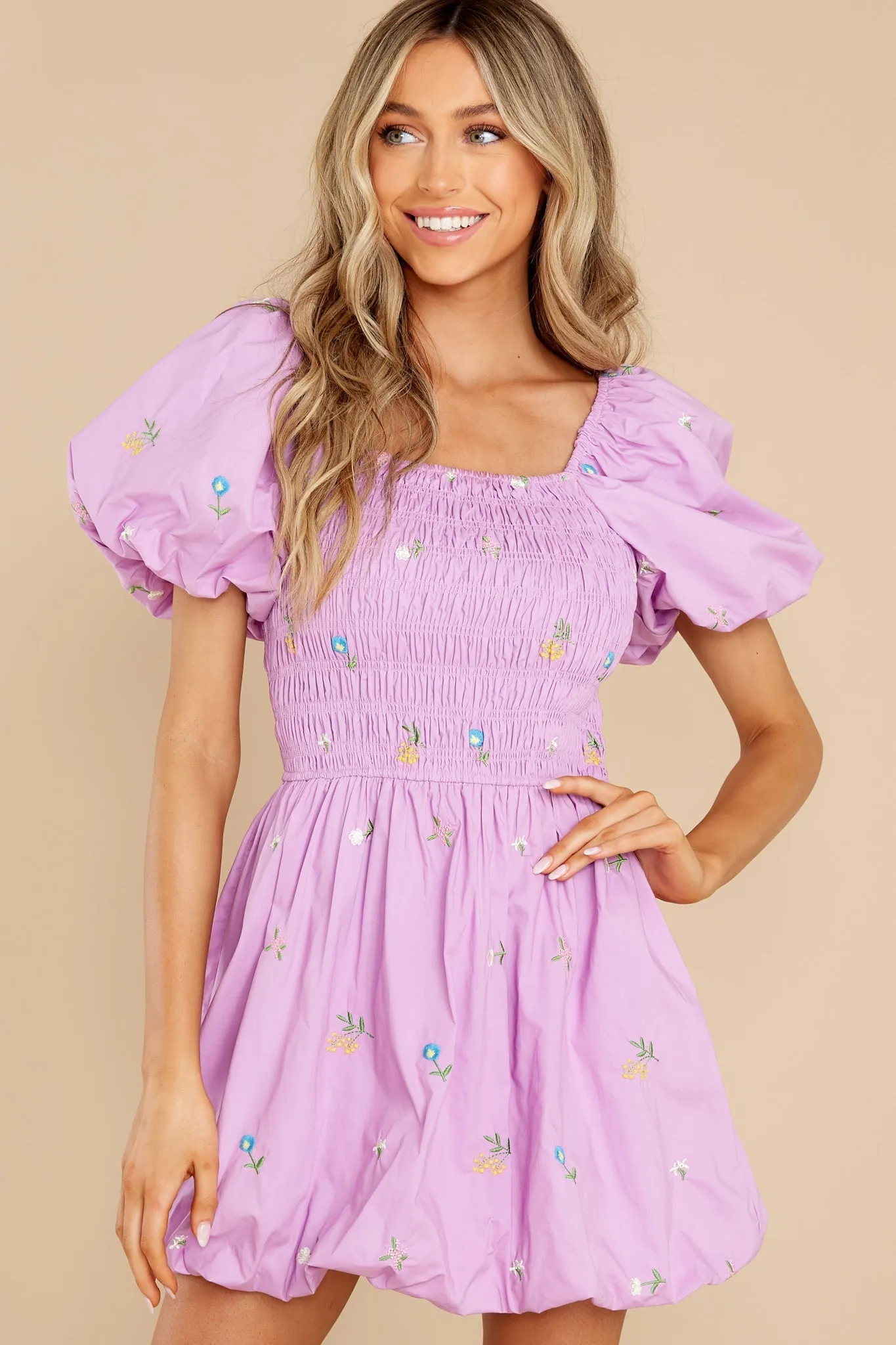 Botanical Cutie Purple Embroidered Puff Sleeve Dress