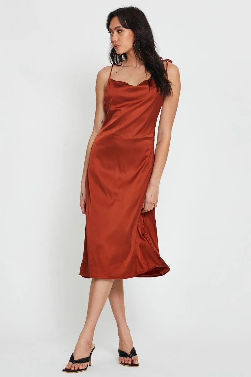 Brown Slip Dress Maxi Satin