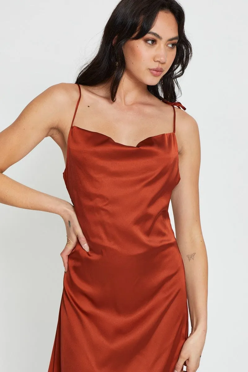 Brown Slip Dress Maxi Satin