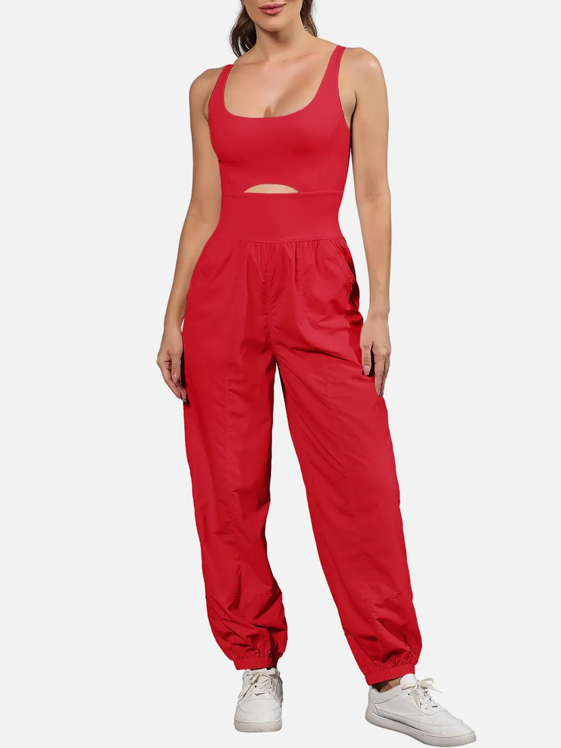 Casual Sleeveless Pants Romper Cutout Scoop Neck Wide Strap Jumpsuit