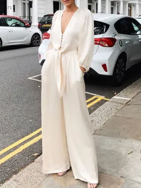 Casual Solid Color Long Sleeve V-neck Strappy Jumpsuit