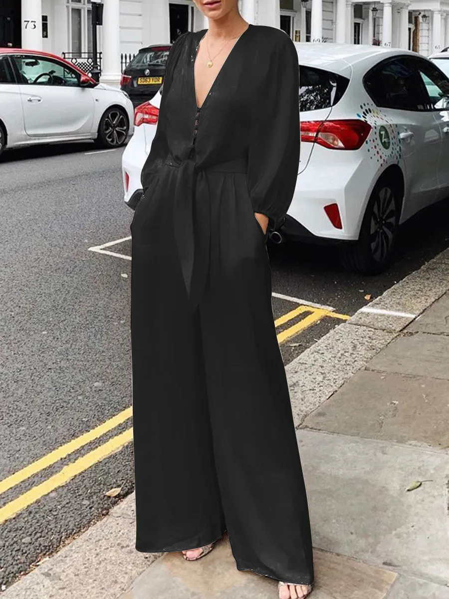 Casual Solid Color Long Sleeve V-neck Strappy Jumpsuit