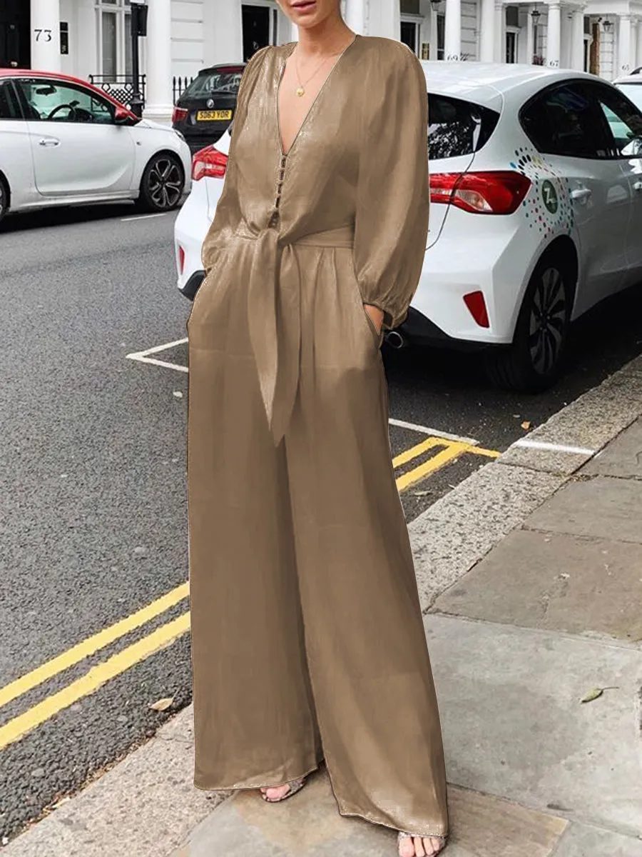 Casual Solid Color Long Sleeve V-neck Strappy Jumpsuit