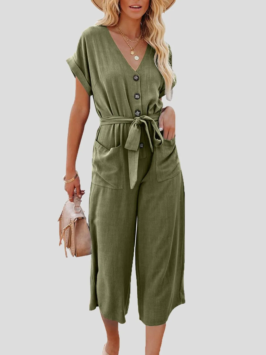 Casual V-Neck Belted Double Pocket Jumpsuit