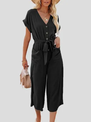 Casual V-Neck Belted Double Pocket Jumpsuit