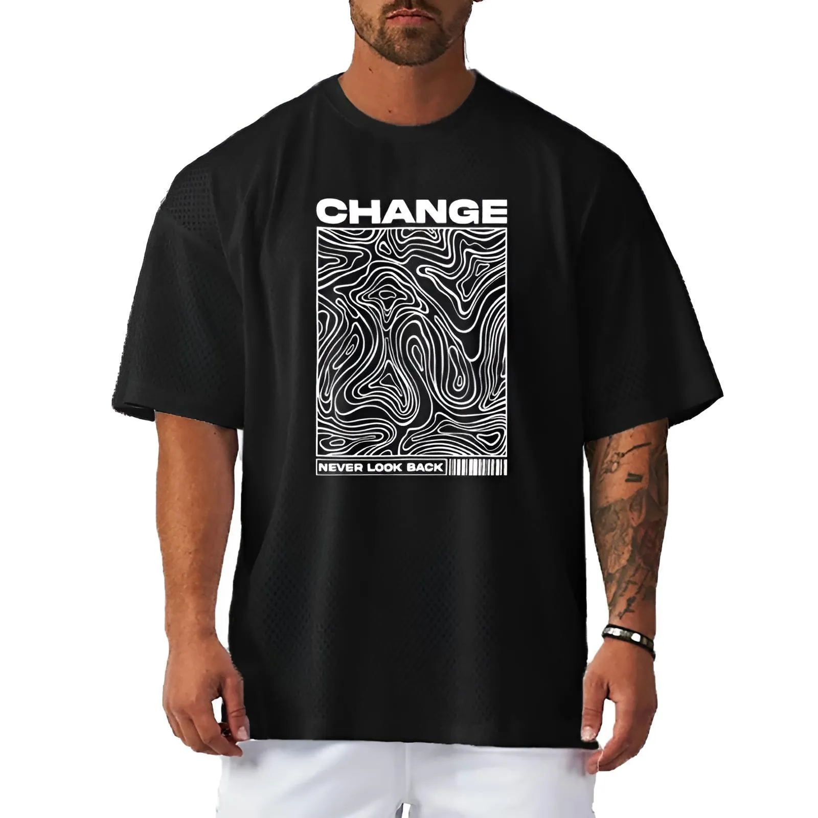 Change Never Look Back Print Oversized Gym T-Shirt Bodybuilding Muscle Short Sleeve Tops Men's Sport Fitness Shirt