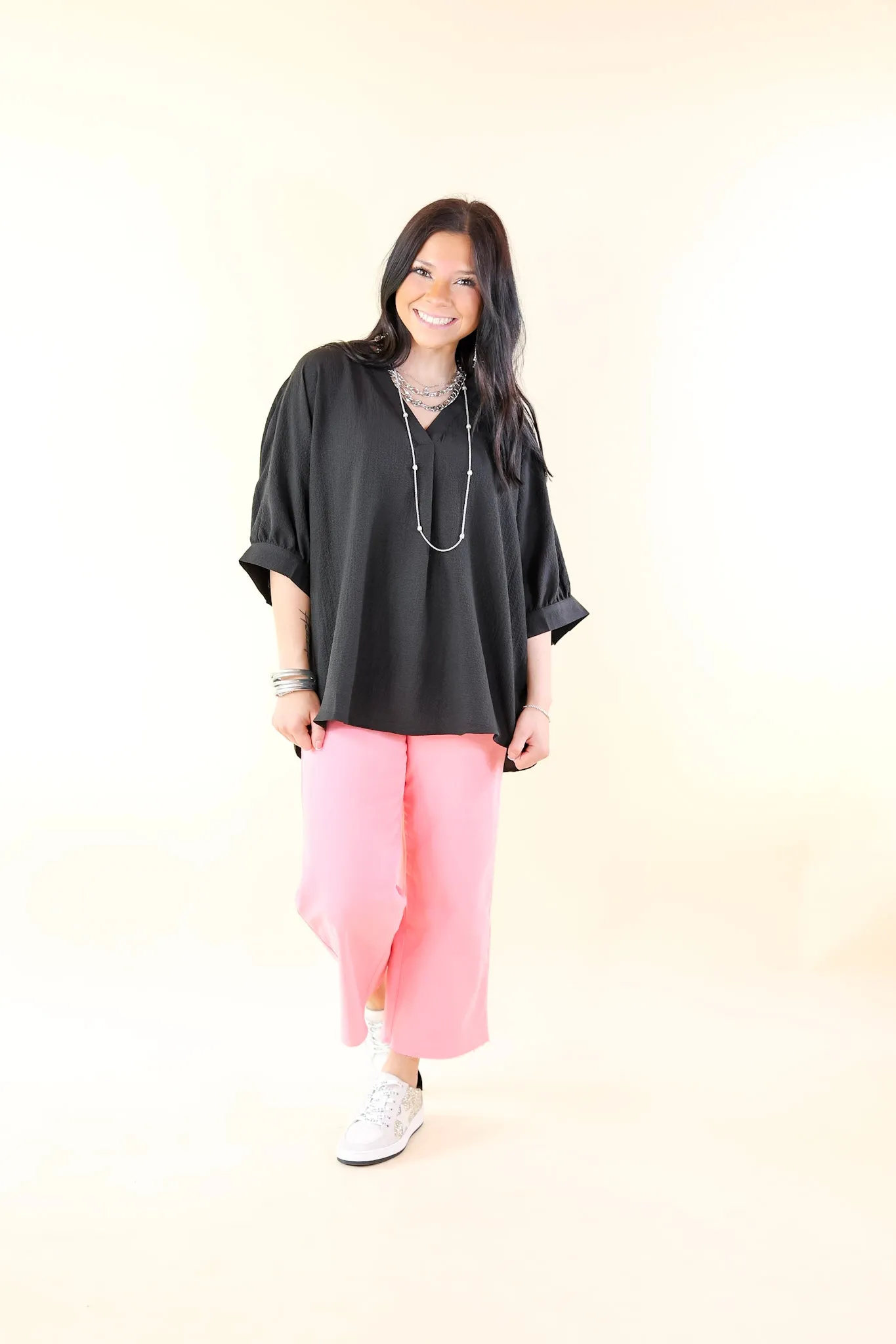 Chic and Charming V Neck Poncho Top with 3/4 Sleeves in Black