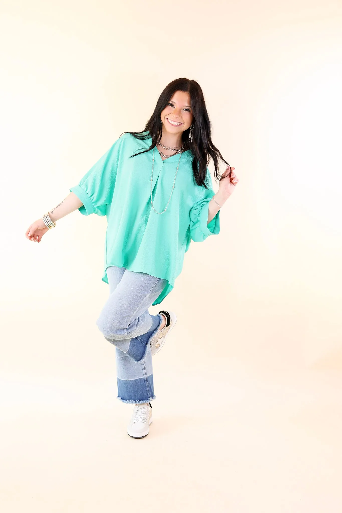 Chic and Charming V Neck Poncho Top with 3/4 Sleeves in Emerald Green