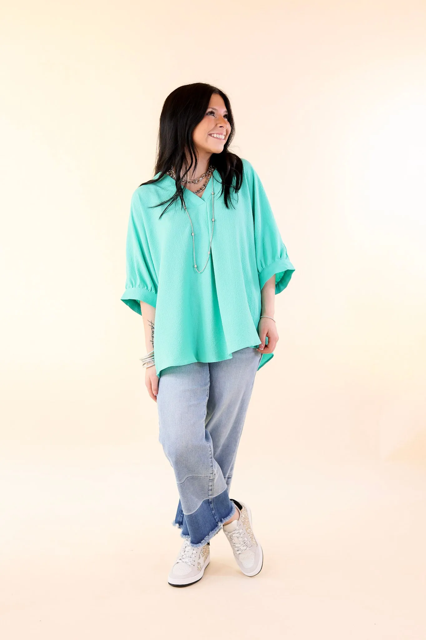 Chic and Charming V Neck Poncho Top with 3/4 Sleeves in Emerald Green