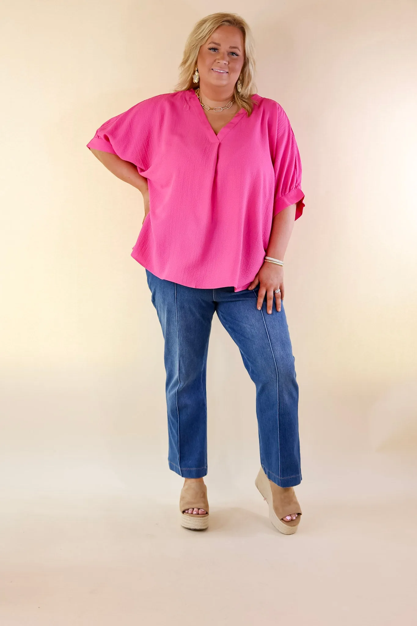 Chic and Charming V Neck Poncho Top with 3/4 Sleeves in Hot Pink