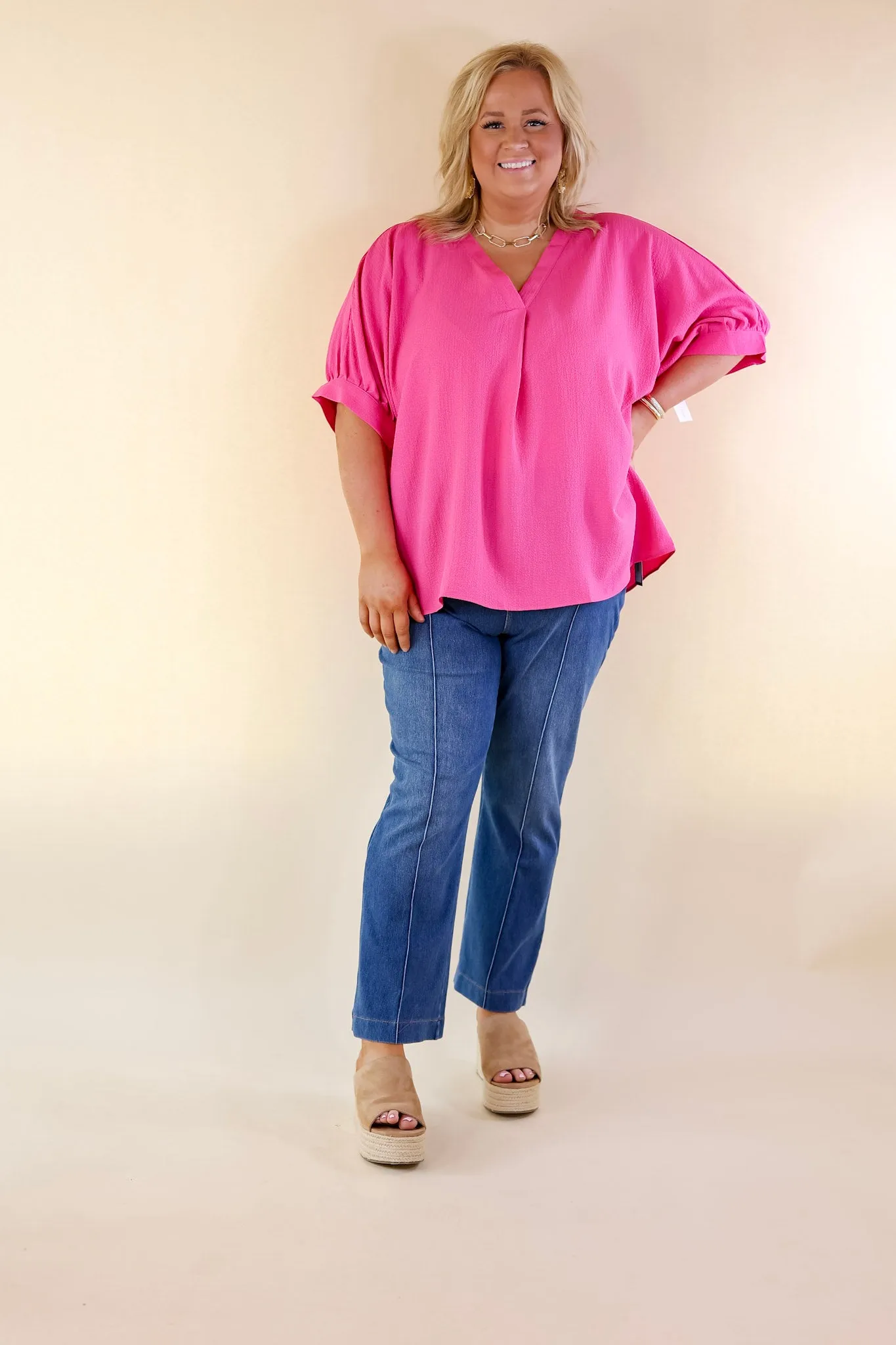 Chic and Charming V Neck Poncho Top with 3/4 Sleeves in Hot Pink