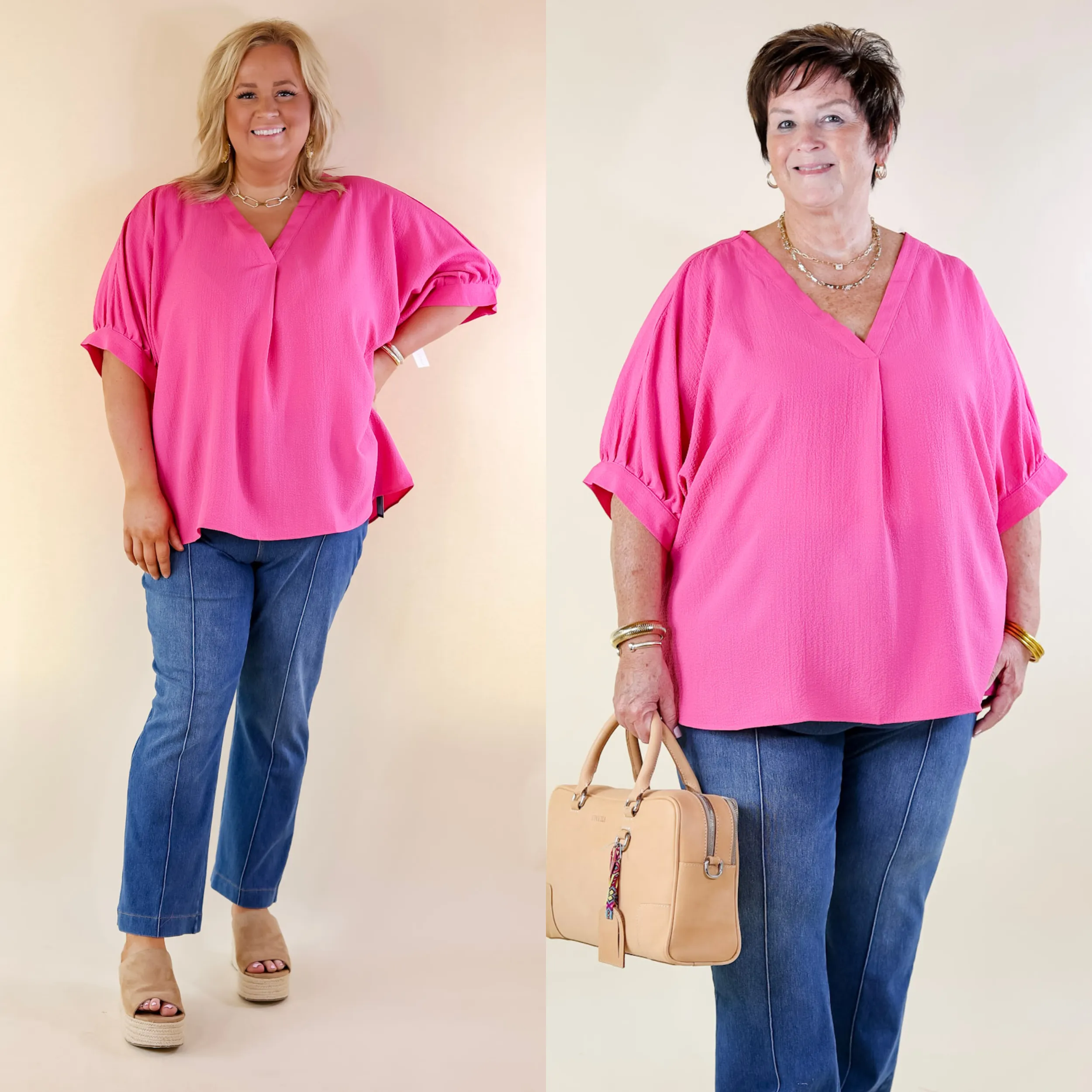 Chic and Charming V Neck Poncho Top with 3/4 Sleeves in Hot Pink