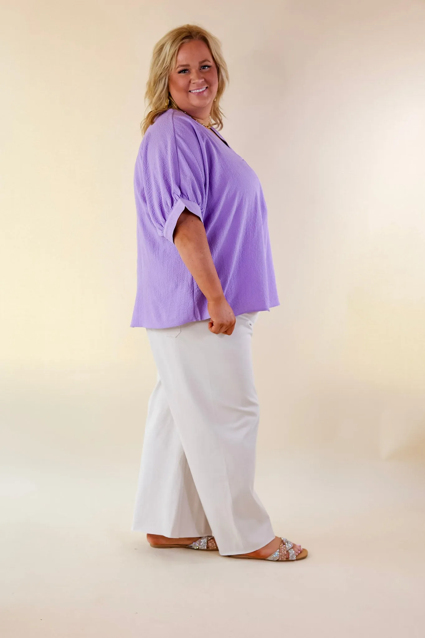 Chic and Charming V Neck Poncho Top with 3/4 Sleeves in Lavender Purple