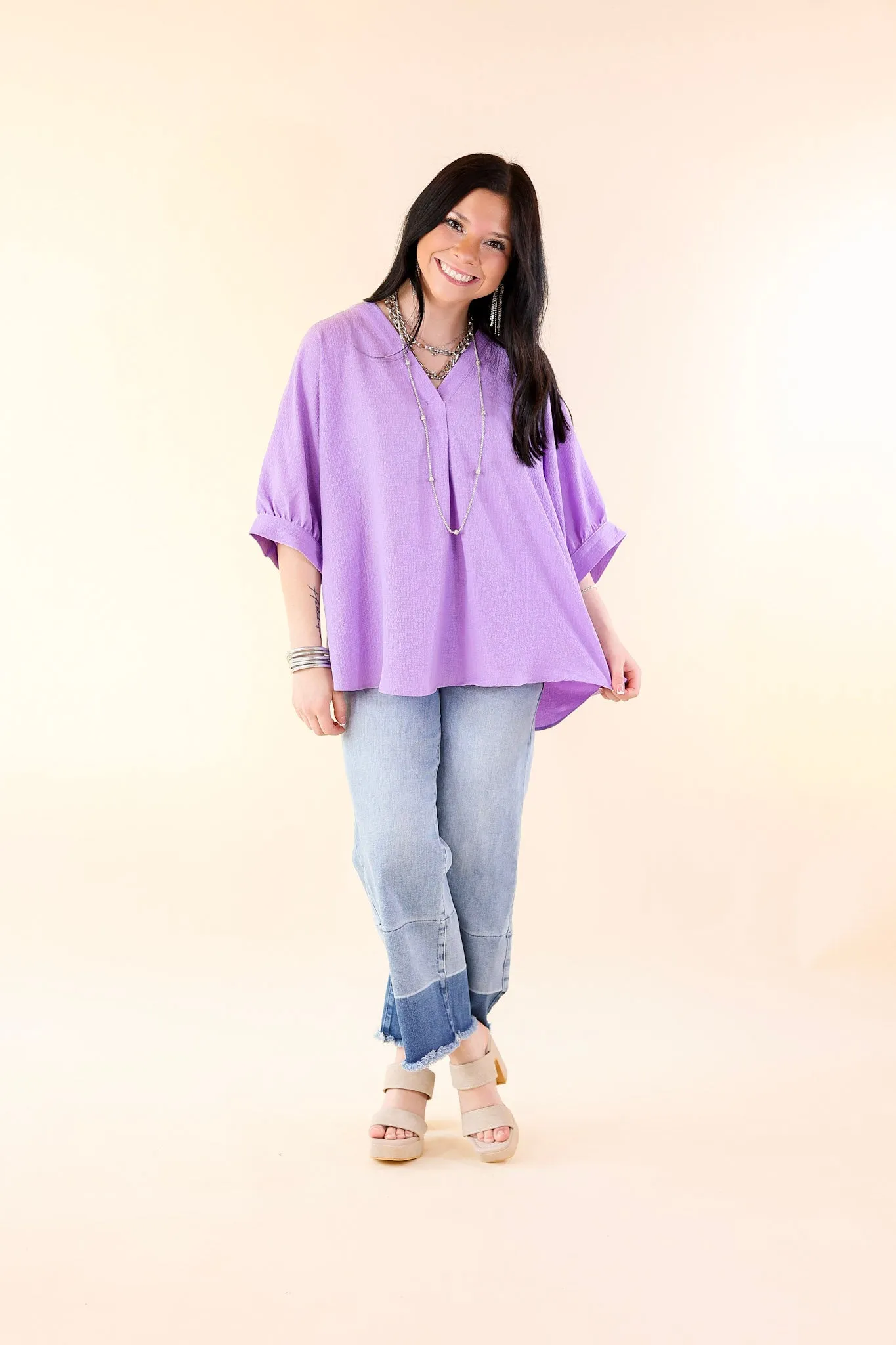 Chic and Charming V Neck Poncho Top with 3/4 Sleeves in Lavender Purple