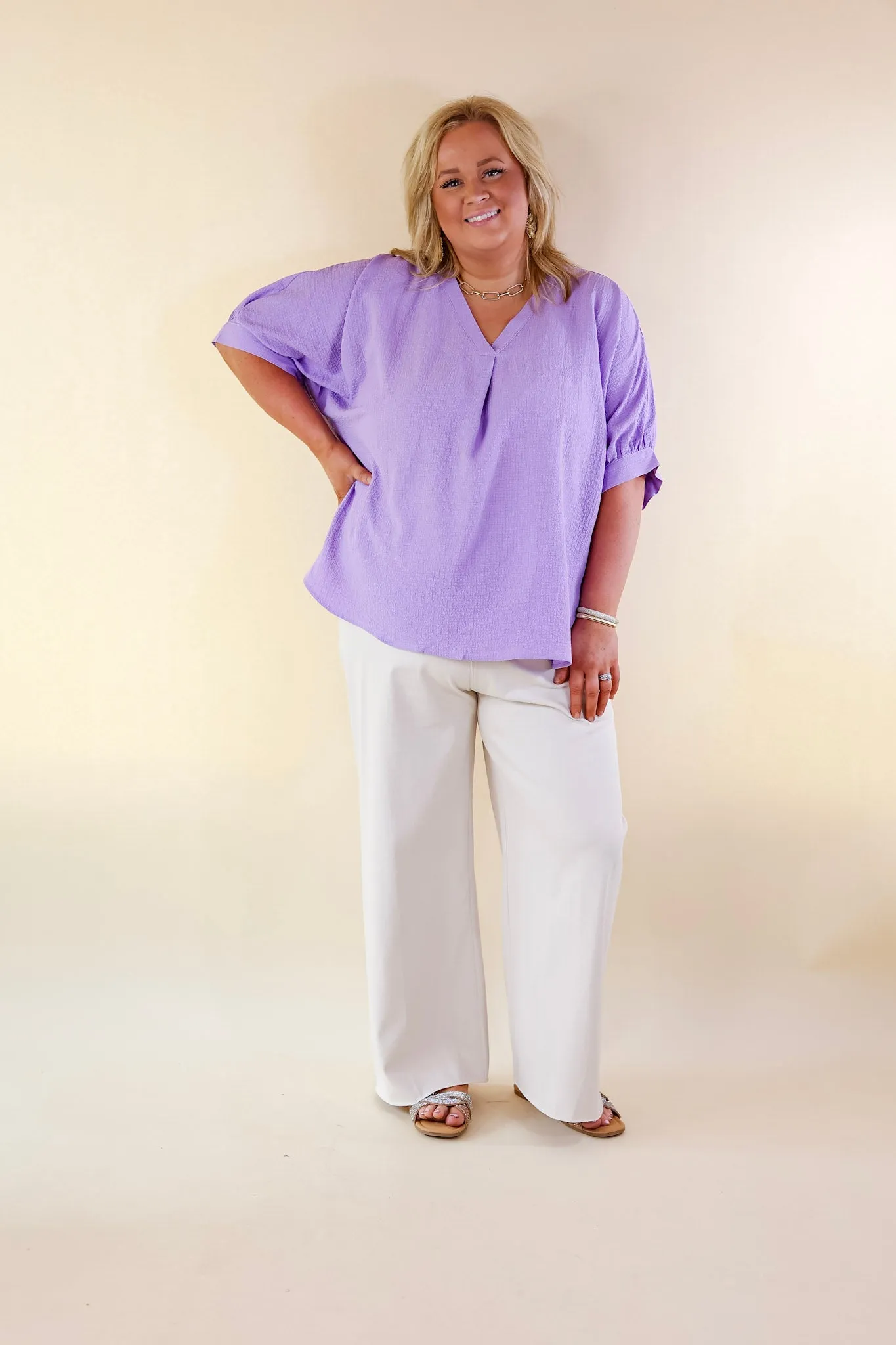 Chic and Charming V Neck Poncho Top with 3/4 Sleeves in Lavender Purple