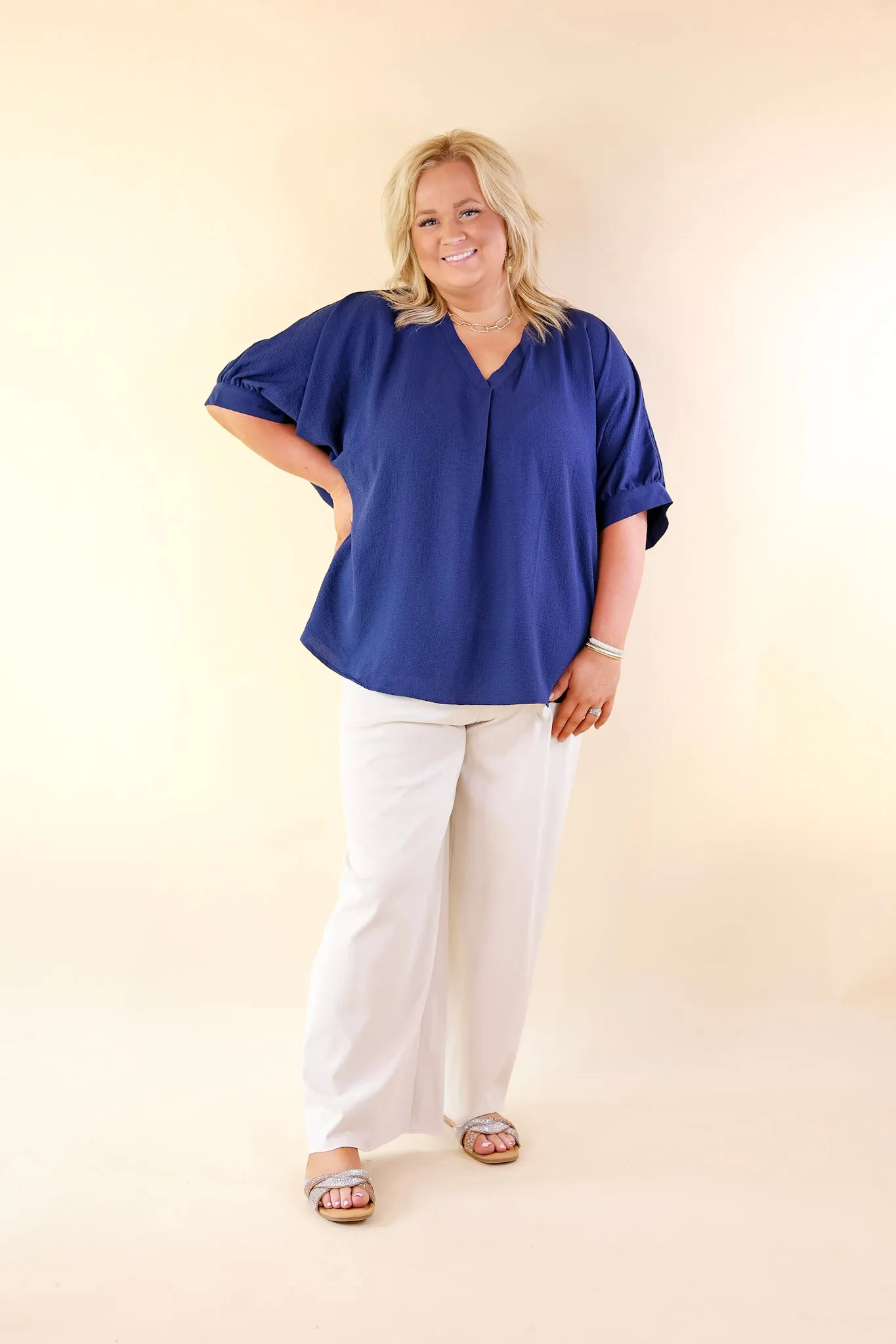 Chic and Charming V Neck Poncho Top with 3/4 Sleeves in Navy Blue