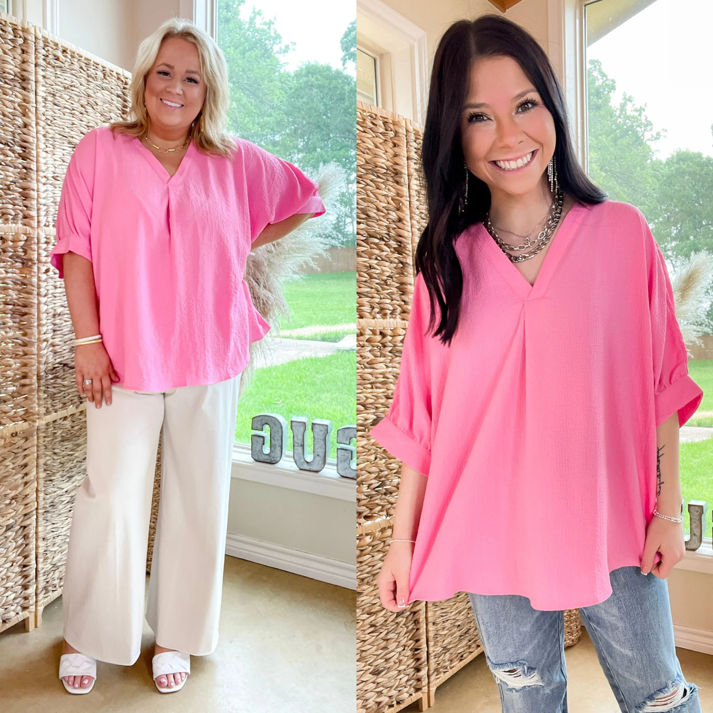 Chic and Charming V Neck Poncho Top with 3/4 Sleeves in Pink