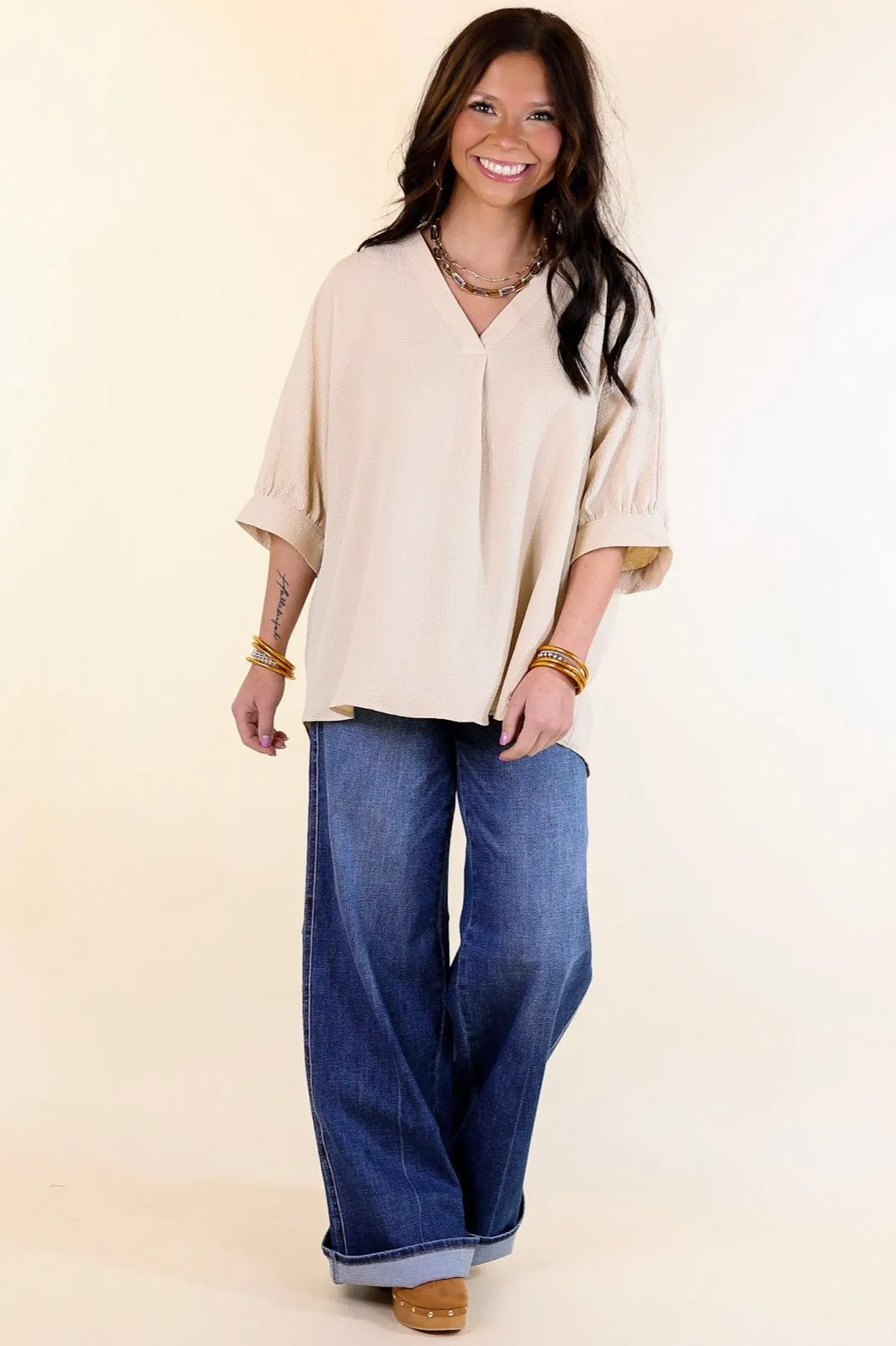 Chic and Charming V Neck Poncho Top with 3/4 Sleeves in Taupe