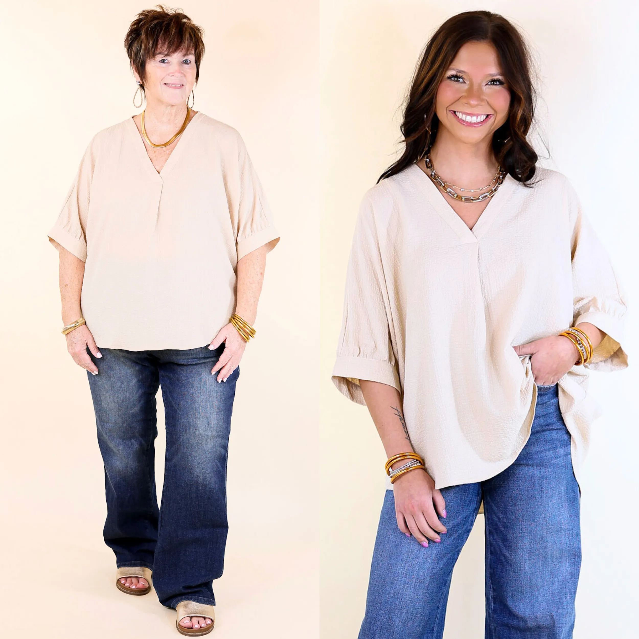 Chic and Charming V Neck Poncho Top with 3/4 Sleeves in Taupe