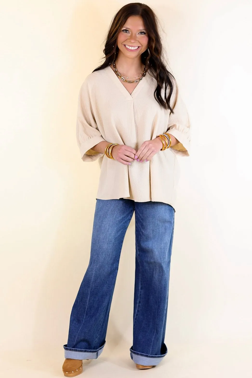 Chic and Charming V Neck Poncho Top with 3/4 Sleeves in Taupe