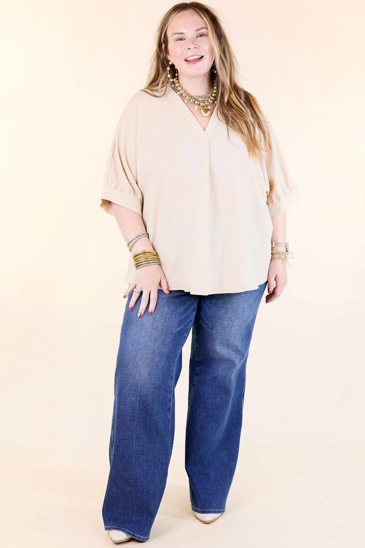 Chic and Charming V Neck Poncho Top with 3/4 Sleeves in Taupe