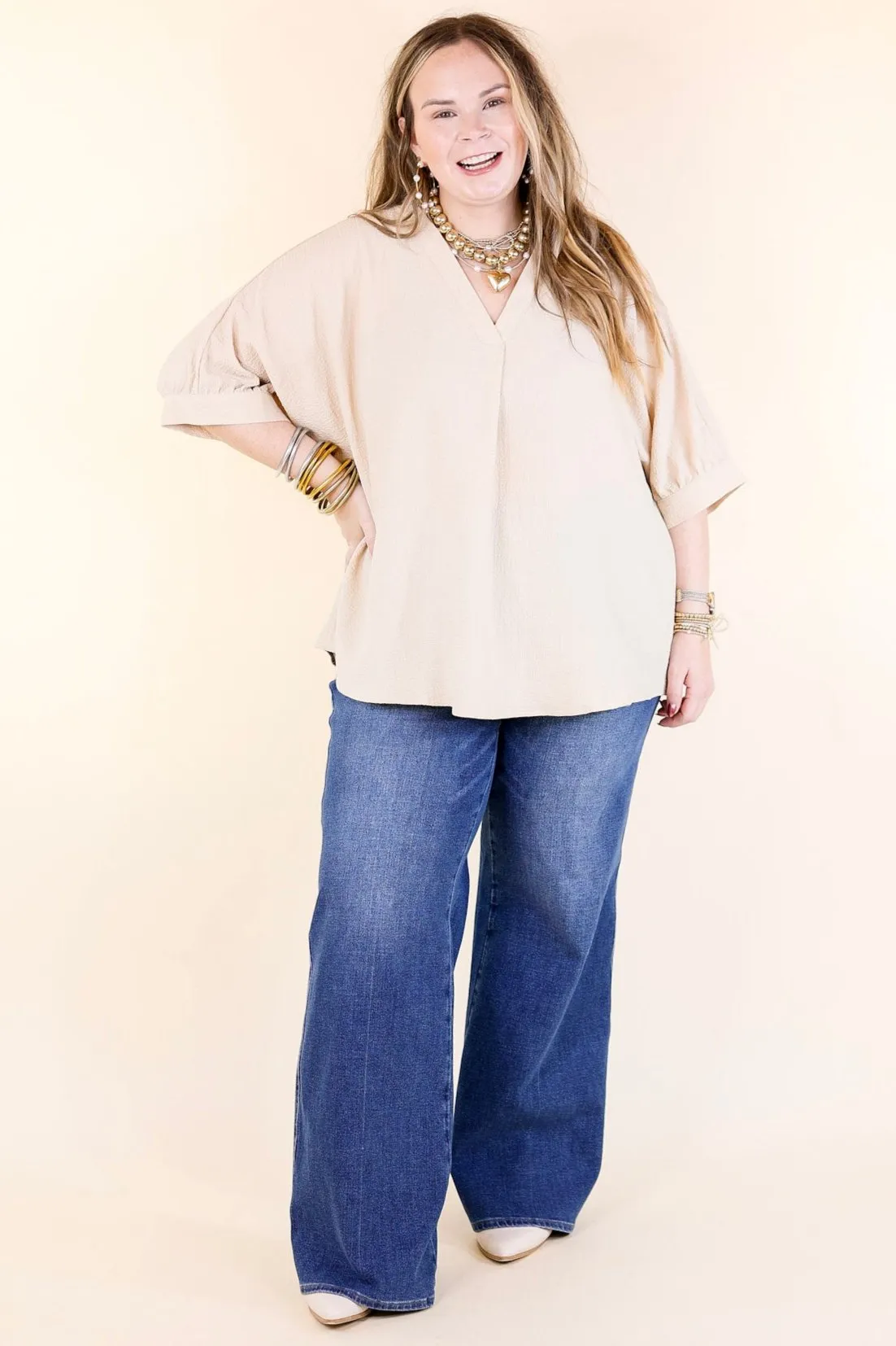 Chic and Charming V Neck Poncho Top with 3/4 Sleeves in Taupe