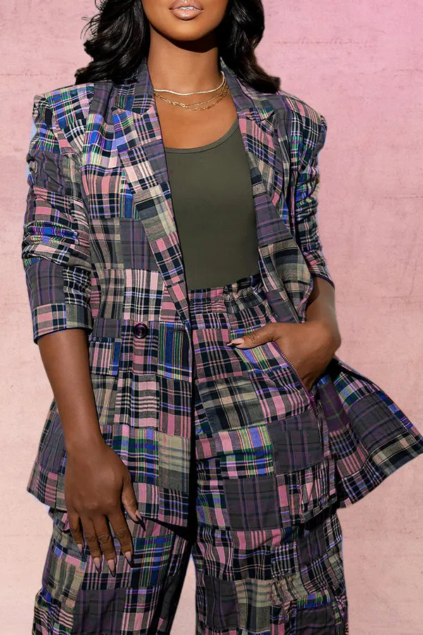 Chic Plaid Blazer & Drawstring Cargo Pants Set