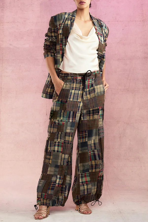 Chic Plaid Blazer & Drawstring Cargo Pants Set