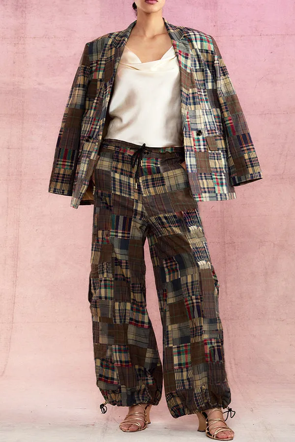 Chic Plaid Blazer & Drawstring Cargo Pants Set