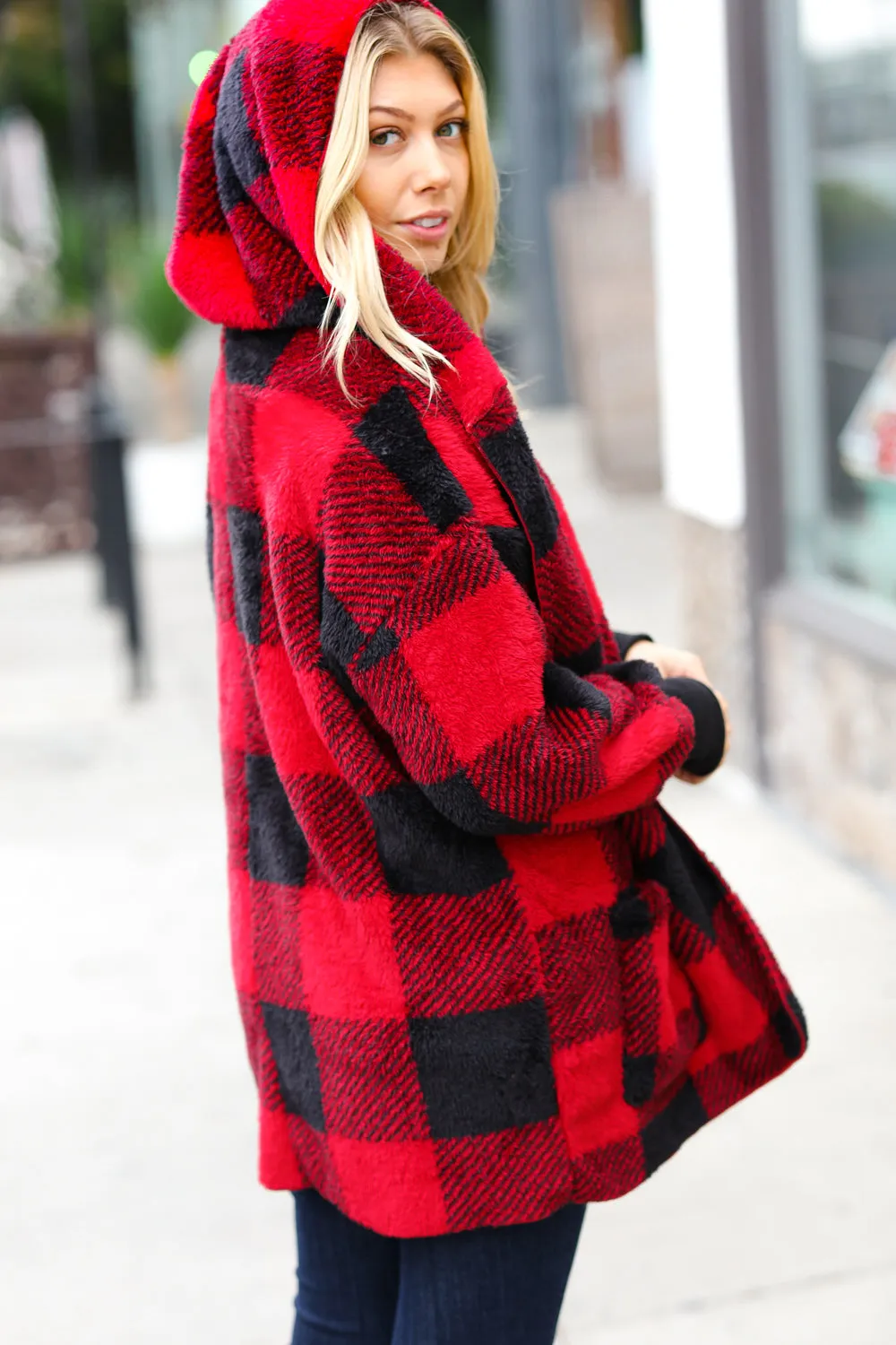 Christmas Plaid Sherpa Open Poncho Hoodie