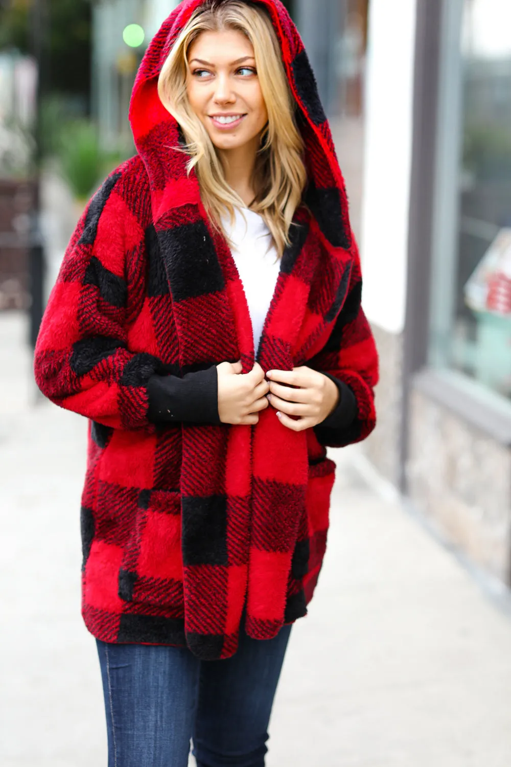 Christmas Plaid Sherpa Open Poncho Hoodie