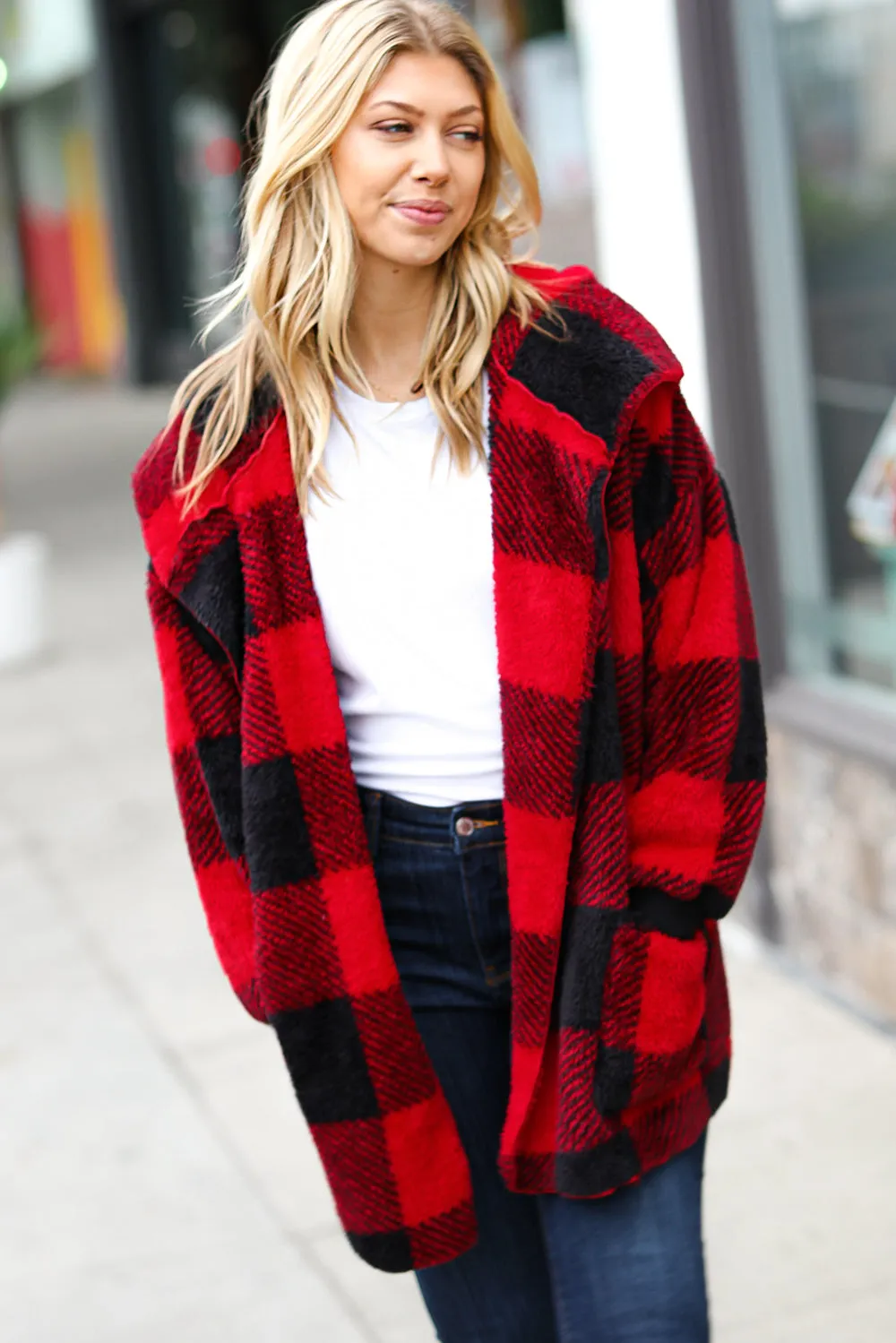 Christmas Plaid Sherpa Open Poncho Hoodie