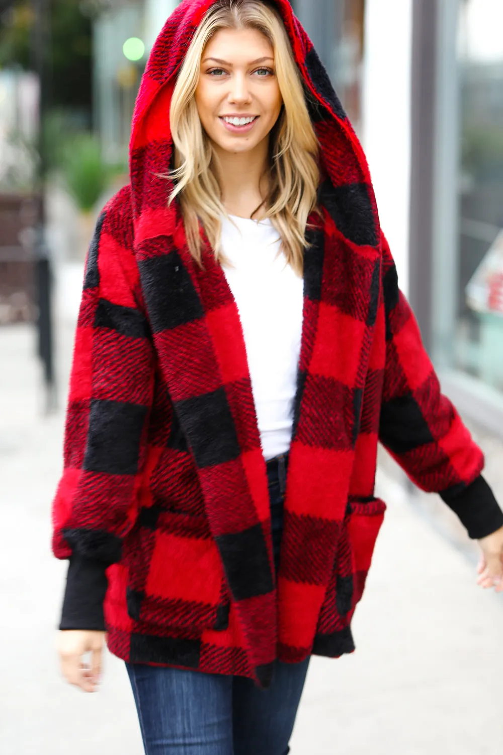 Christmas Plaid Sherpa Open Poncho Hoodie