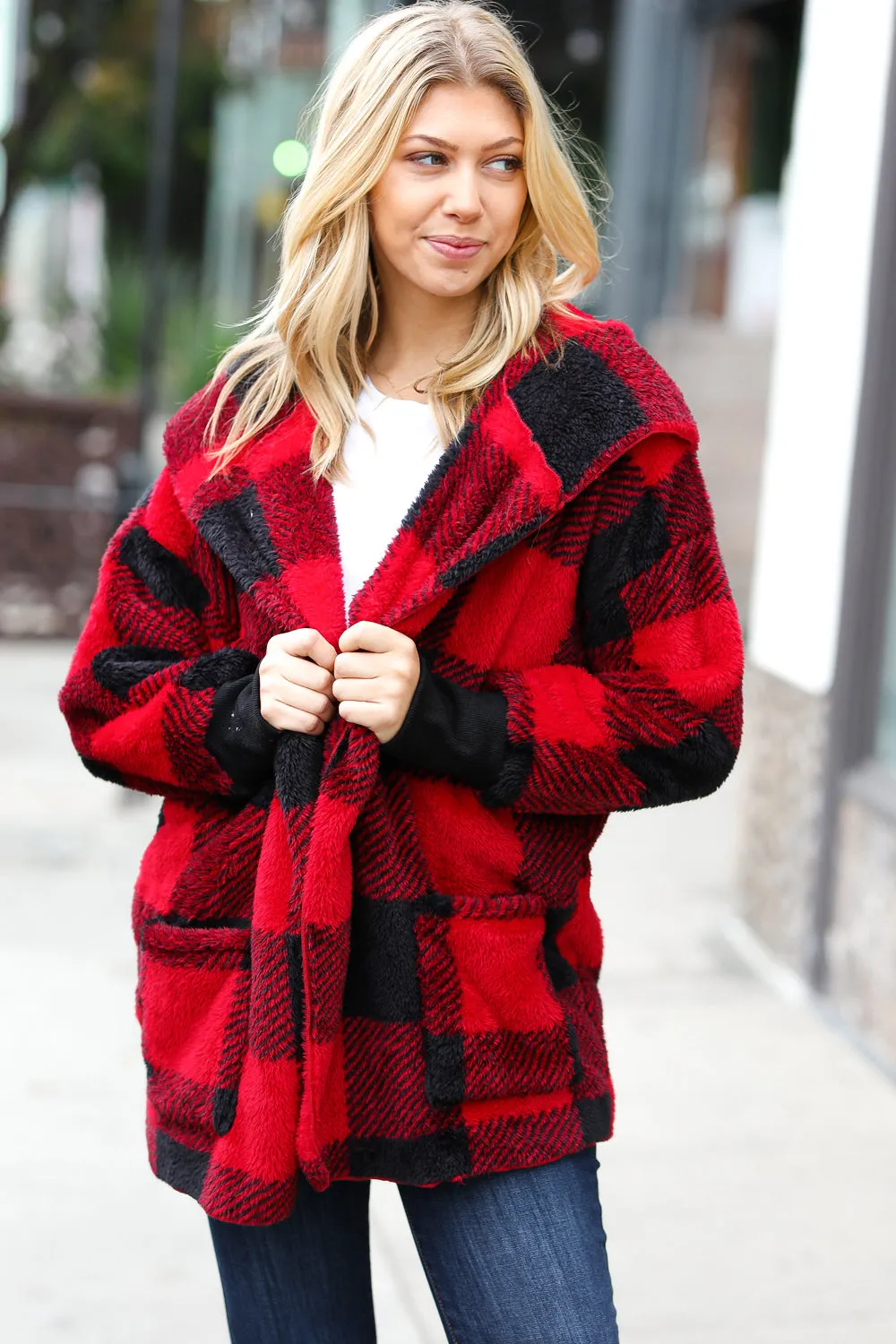 Christmas Plaid Sherpa Open Poncho Hoodie