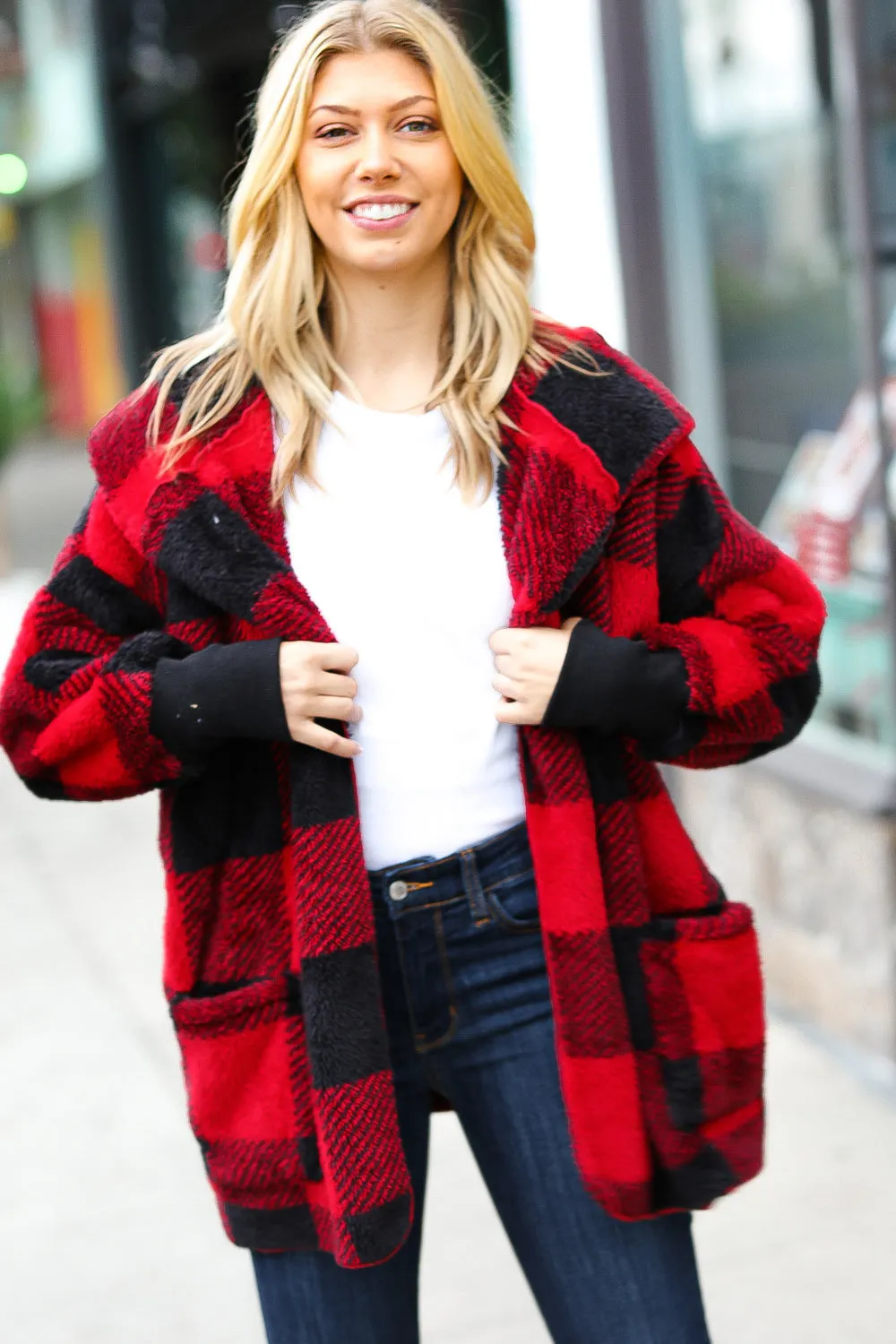 Christmas Plaid Sherpa Open Poncho Hoodie