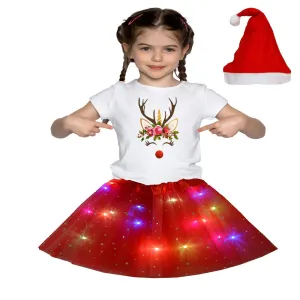 Christmas T_Shirt and Tutu Led Skirt with X-Mas Santa Cap Christmas Party Dress for Girls