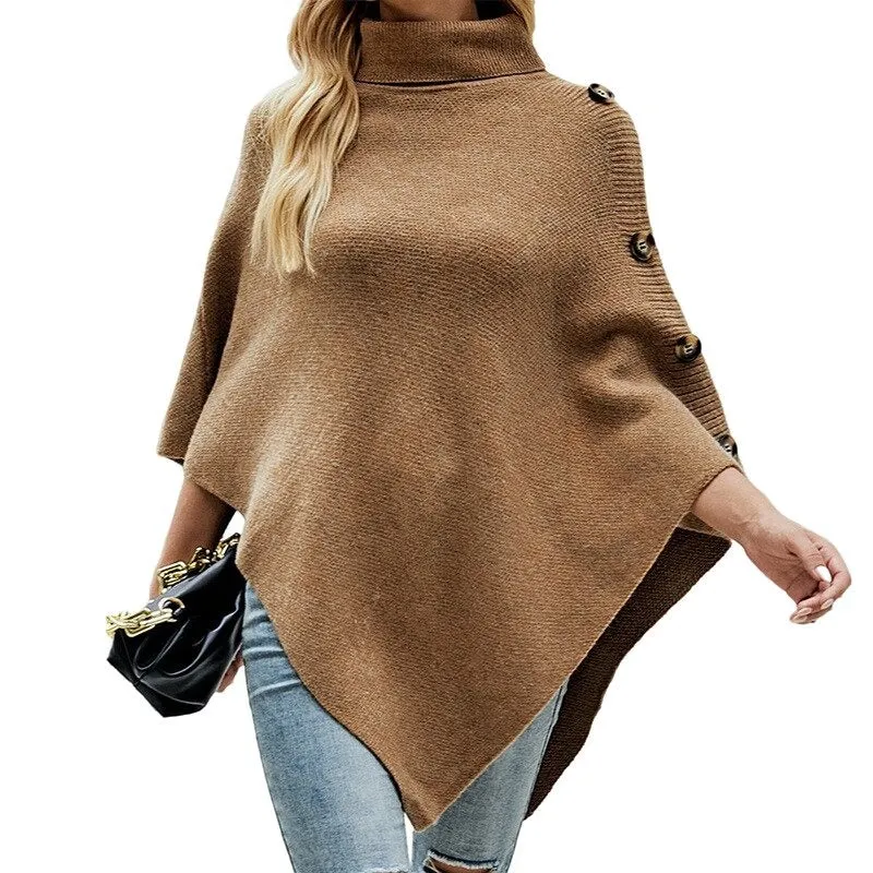 Classy Oversized Turtleneck Button Poncho Style Shawl