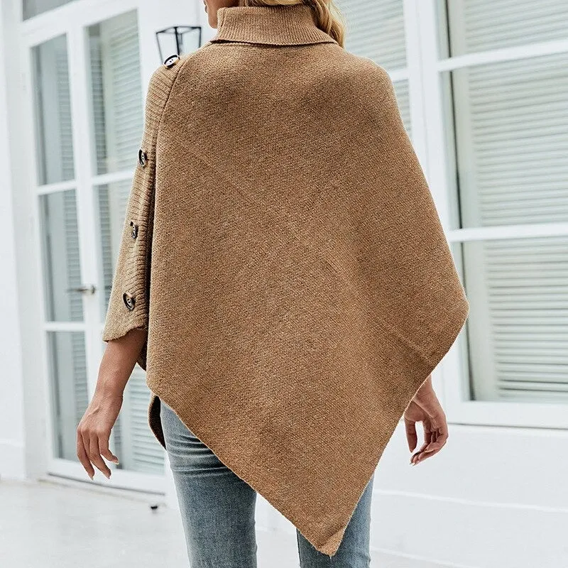 Classy Oversized Turtleneck Button Poncho Style Shawl