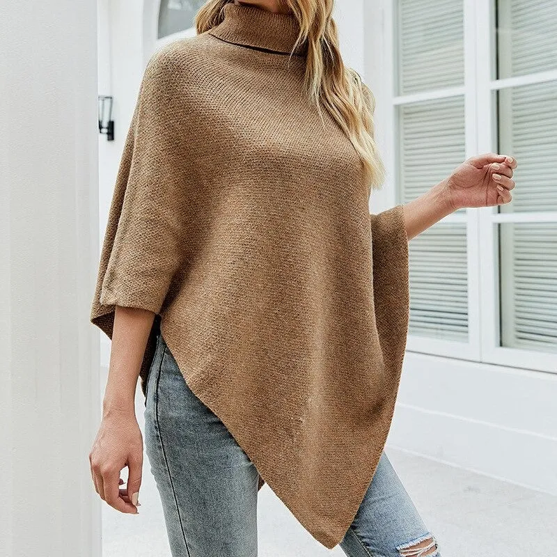 Classy Oversized Turtleneck Button Poncho Style Shawl