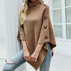 Classy Oversized Turtleneck Button Poncho Style Shawl