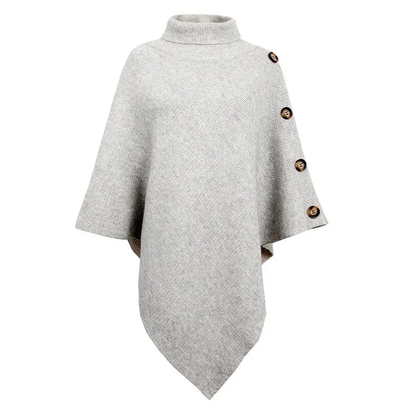 Classy Oversized Turtleneck Button Poncho Style Shawl