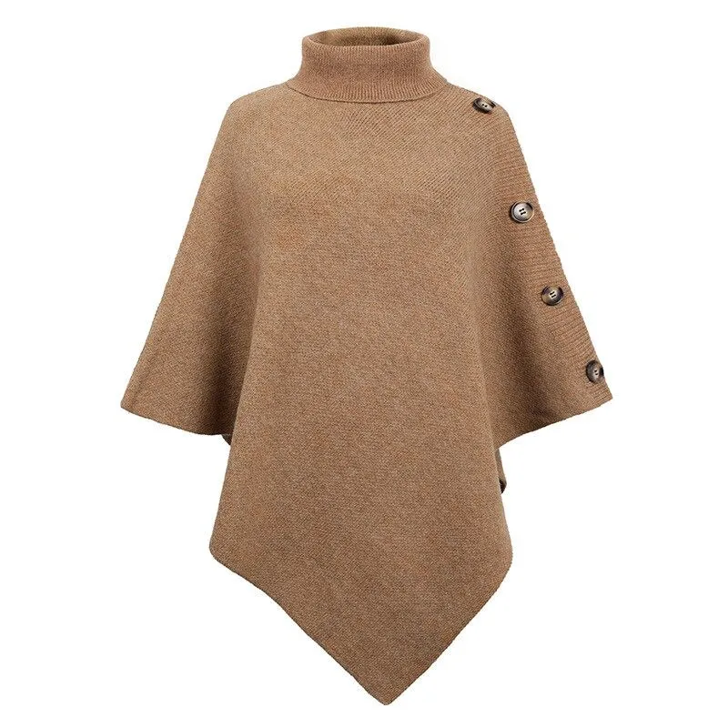 Classy Oversized Turtleneck Button Poncho Style Shawl