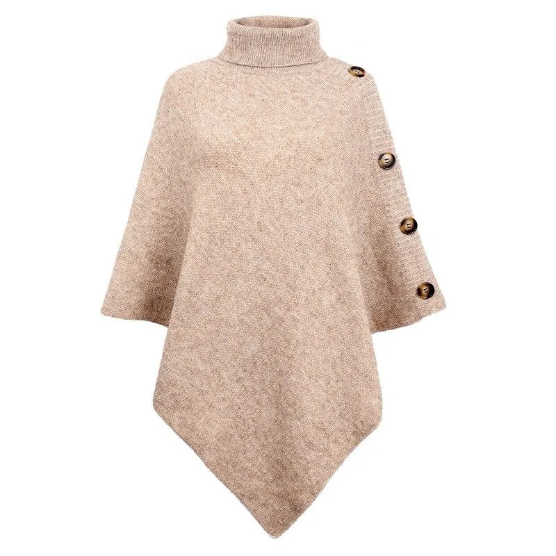 Classy Oversized Turtleneck Button Poncho Style Shawl