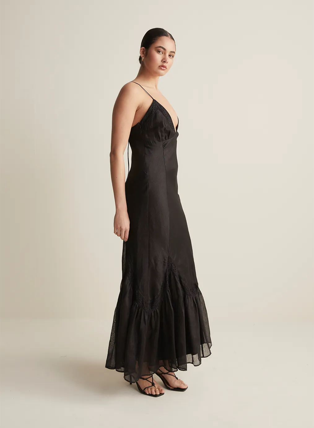 Claudette Bias Silk Linen Maxi Dress | Black