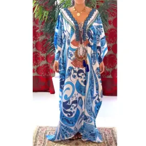 Coco Bella White/Blue Blend Silk Kaftan Maxi- Glamorous Look