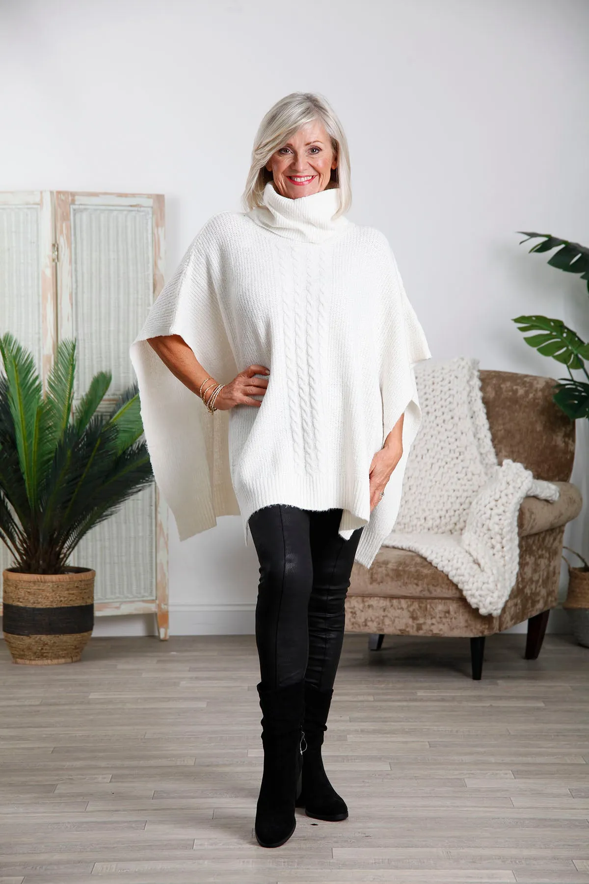 Cream Chloe Cable Knit Poncho