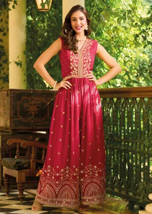 Deep Pink Indo-Western Embroidered Georgette Jumpsuit