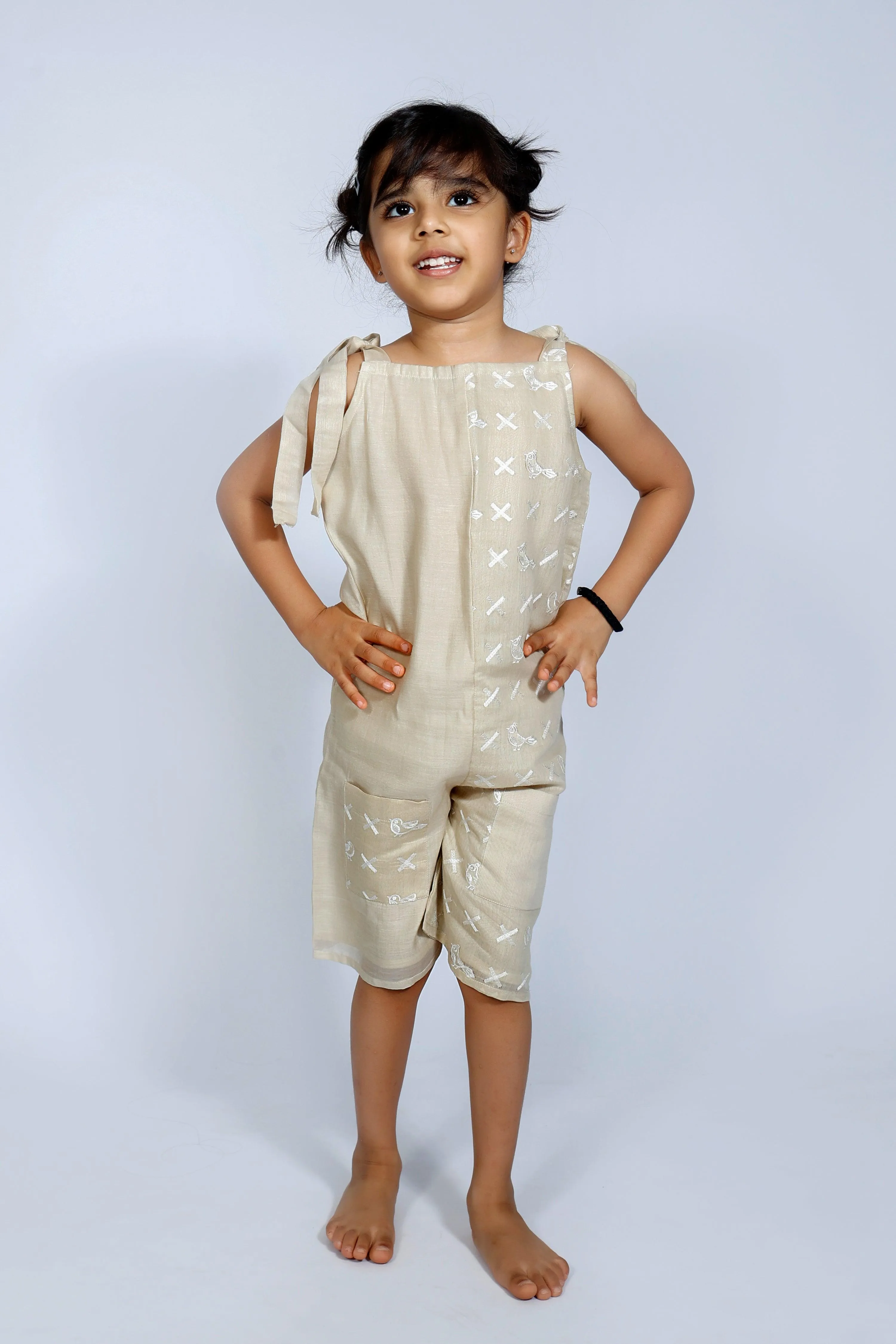 Designer Chanderi JumpSuit with Embroidered for Girls - Beige