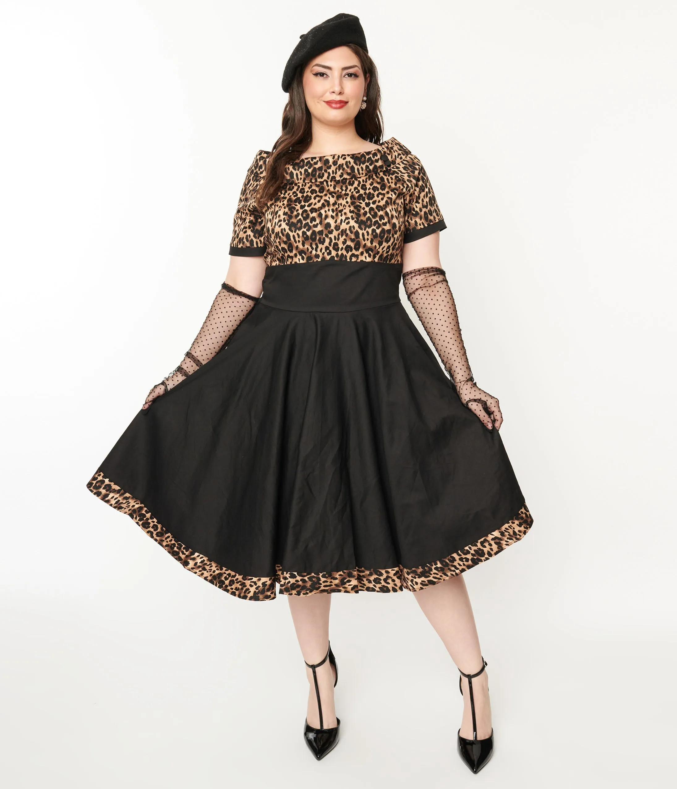 Dolly & Dotty Black & Leopard Print Darlene Swing Dress