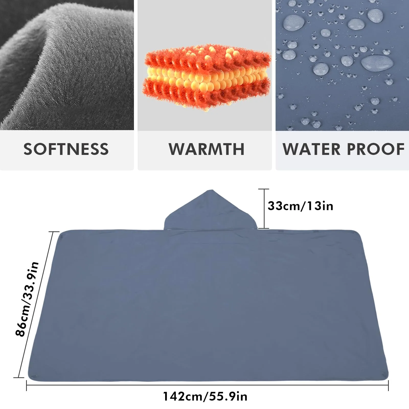 DUKUSEEK Waterproof Heated Blanket, 5V Electric Outdoor Fleece Blanket with Hood, Windproof Stadium Mat for Camping, Picnic, Sports, Football, Concerts, 57'' x 36'',Grey NO Battery NO Charger